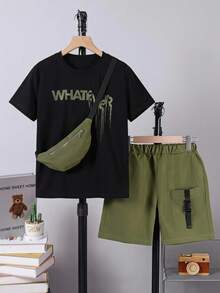 Vacaura 3pcs Boys' Print T-Shirt & Cargo Shorts & Mini Crossbody Bag 3-Piece Set, Suitable For Outdoor Activities In Spring/Summer - Army Green - View 1