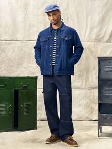 Norleigh Loose Fit Men's Top-Stitching Drawstring Waist Cargo Jeans Men's Loose Straight Leg Casual Pants - Dark Wash - View 3