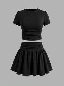 SHEIN Tween Girl 3 Pieces Set Multi-Color Black White Pink Short Sleeve Skirt Outfit - Multicolor - View 4