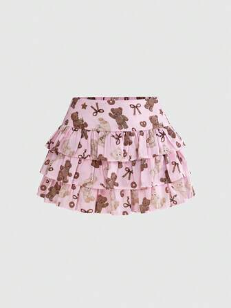Leichter Lolita Kawaii Lulicore Mädchen Süßherz Bären-Muster Rüschensaum Mini-Kuchen-Rock Damenrock