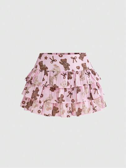 Leichter Lolita Kawaii Lulicore Mädchen Süßherz Bären-Muster Rüschensaum Mini-Kuchen-Rock Damenrock