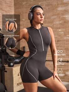 Powerista Women's Stand Collar Backless Sports Tank Top Romper - Dark Grey - View 7