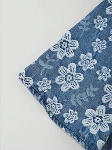SHEIN MOD Gaun Denim Wanita dengan Motif Bunga, Lipit, dan Tali Bahu Tipis - Biru - View 4