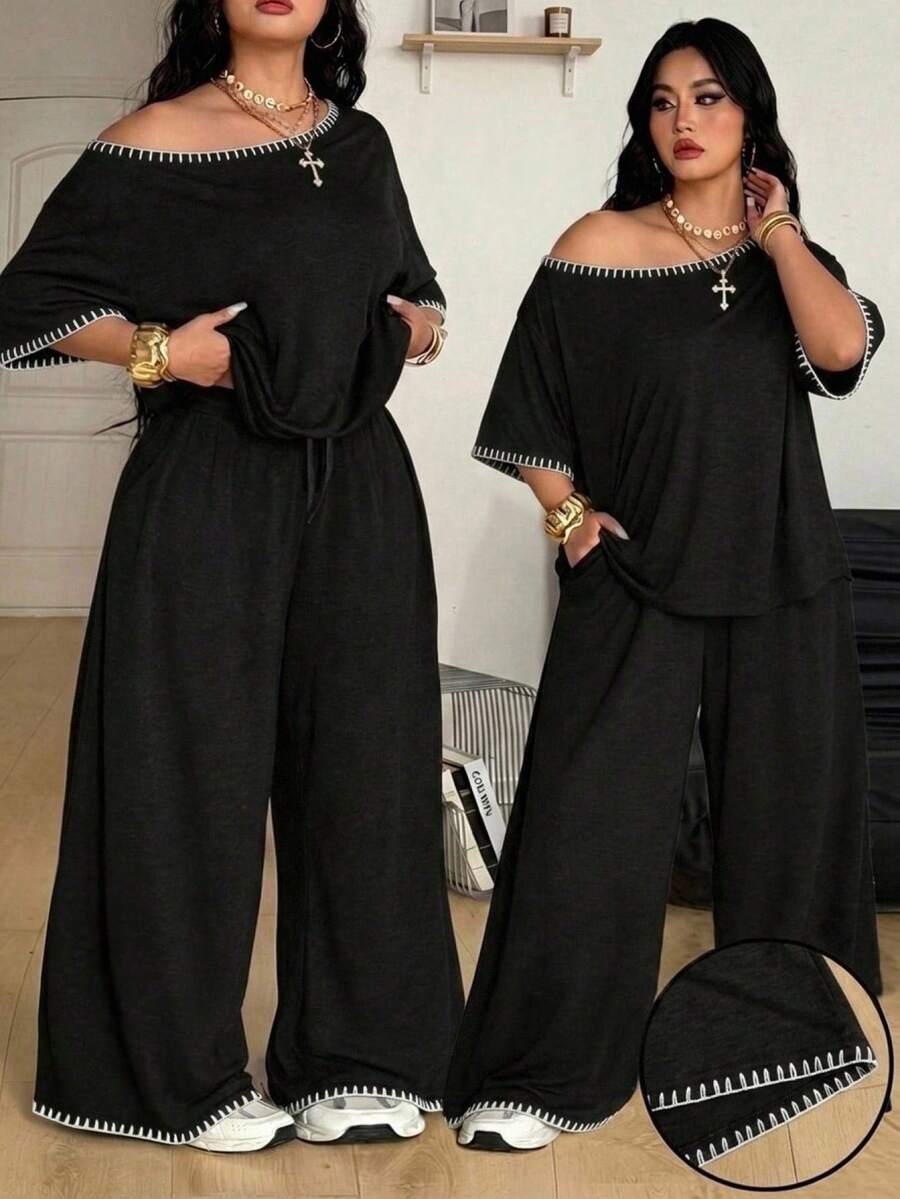 Coolane 休閒貝殼花飾黑色大尺碼女款兩件套,適合春夏音樂節 - 黑色 - 查看 1