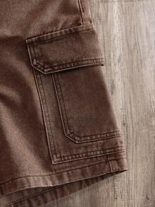 Manfinity Joysei Plus Size Men's American Style Multi-Pocket Flap Pocket Denim Shorts - Coffee Brown - View 4