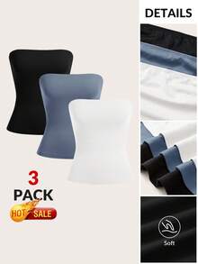 SHEIN BASICS 3件組女款休閒純色針織細肩帶上衣/夏季露肩上衣夏季女裝 - 彩色 - 查看 7
