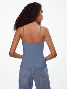 SHEIN BASICS 1件女款純色修身休閒細肩帶背心上衣 白色上衣 - 藍色 - 查看 2