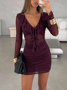 Aloruh Women's Elegant Multi-Layer Ruffle Sheer Mesh Fitted Waist Mini Dress - Burgundy - View 3