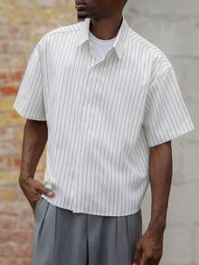 BelSigned BelSigned Men's Casual Loose Striped Short Sleeve Shirt, Spring To Summer - White - View 6