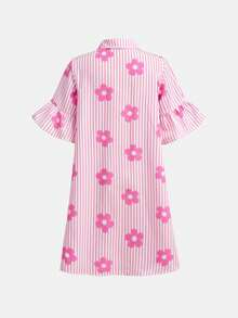 Firerie Kids Tween Girls' Fashion Casual Summer Commute Collared Woven Striped Floral Patchwork Ruched A-Line Dress, Back To School & Graduation Season - Pink - View 2