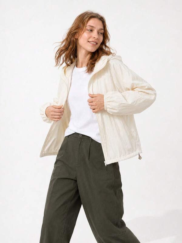 SHEIN BASICS Jaket Wanita Lengan Panjang Warna Polos dengan Resleting dan Tudung