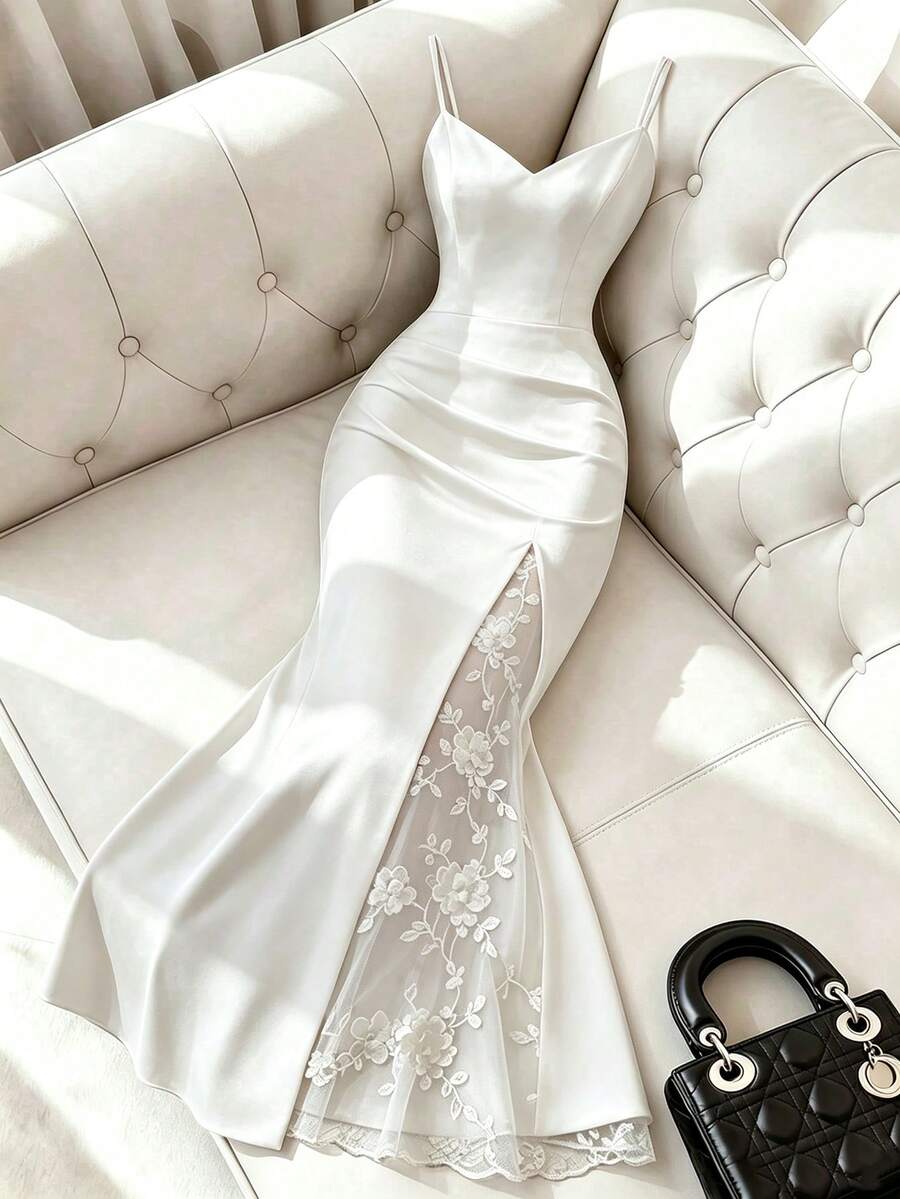 Franclia 女款白色花卉夏季優雅婚禮賓客細肩帶網格拼接洋裝,女士海灘派對約會通勤百搭優雅時尚 - 白色 - 查看 1