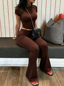 INAWLY Solva Women's Solid Color Raglan Short Sleeve T-Shirt And Flare Pants Casual 2 Pieces Set - Coffee Brown - View 4