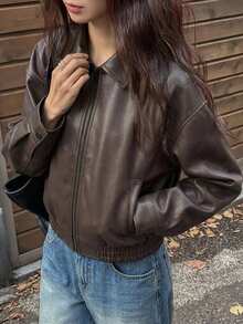 DAZY Spring New Vintage Leather Jacket, Short Style, Regular Fit, Suitable For Valentine's Day - Brown - View 8