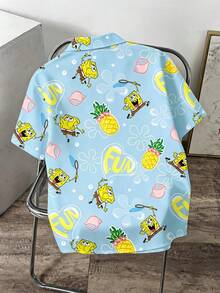 SpongeBob SquarePants | SHEIN Daypath 男士全印花單排扣休閒百搭日常通勤襯衫 - 藍色 - 查看 2