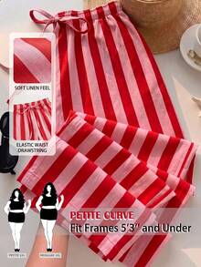 SHEIN PETITE CURVE 大尺碼女款條紋寬腿褲附腰部綁帶 - 彩色 - 查看 2