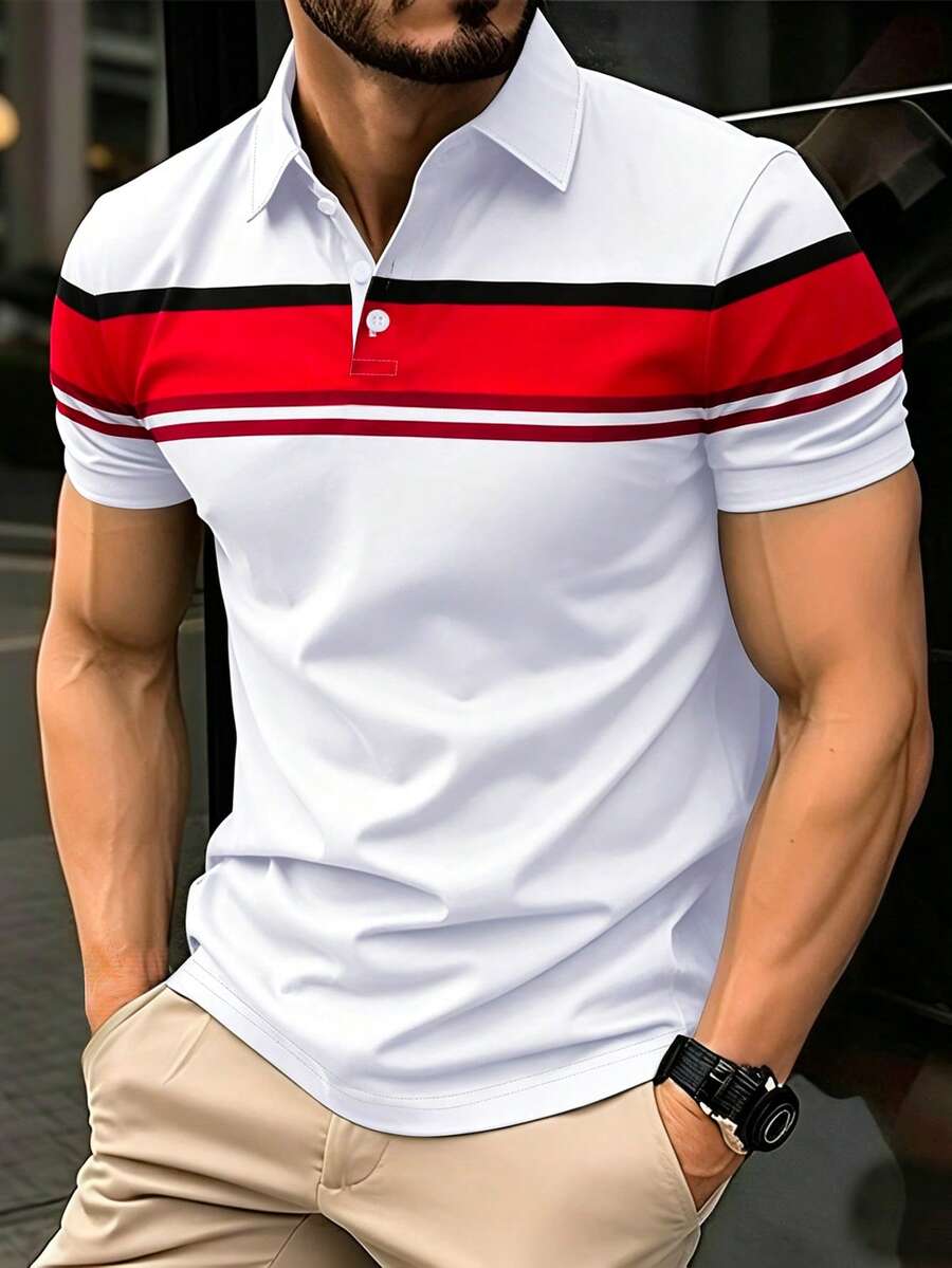 Calvornis 男士拼色休閒日常短袖 Polo 衫 - 彩色 - 查看 1