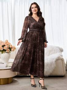 Modelyn Plus Size Women's V-Neck Leopard Print Pleated Casual Daily Wear Dress - Multicolor - View 5