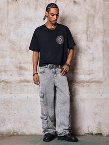 Skyrend Men's Distressed Cargo Jeans, Washed Solid Color Straight Leg Casual Pants With Pockets Fall/Autumn/Winter Grunge - Grey - View 4