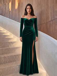 Firerie Solid Color Velvet Off Shoulder Ruched Waist High Slit Bridesmaid Dress, Elegant Long Sleeve Dress Wedding Fall - Green - View 7