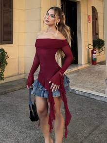 BiaLiraa Women's Fall/All-Season Streetwear Festival Country Concert Y2K Boho Gyaru Ruffle Ribbon White Off The Shoulder Tees - Burgundy - View 5
