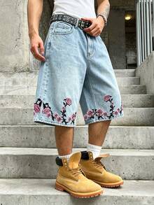 Manfinity EMRG Quần short denim nam phong cách đường phố thường ngày cao cấp thêu họa tiết wash - Rửa nhẹ - Xem 4