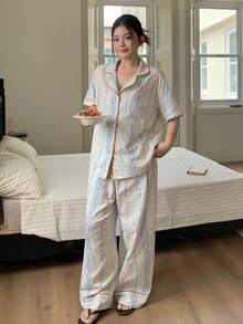 Dazy Plus 2pcs/Set Women's Spring Print All-Over Pattern Pajama Set For Vacation - Apricot - View 4
