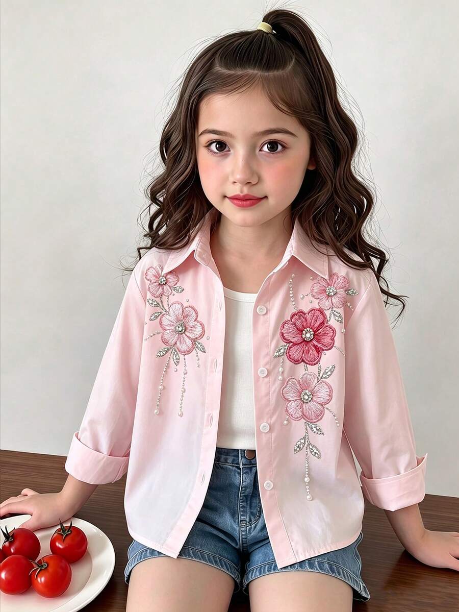 SHEIN Genkimix Kids 少女花卉印花清新輕盈設計女童襯衫,領口長袖寬鬆休閒襯衫,仿花卉圖案,春秋休閒襯衫 - 粉色 - 查看 1