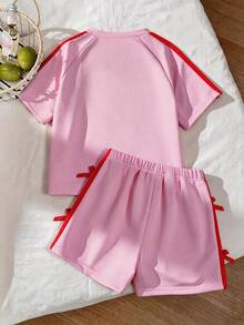 SHEIN Elladie kids 女童大童運動風粉色與深綠色拼接短袖T恤短褲套裝，夏季寬鬆修身設計，輕量面料，適合日常穿著、休閒運動或搭配穿搭 - 粉色 - 查看 2