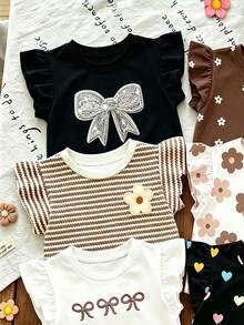 Souflis Souflis 1 Pc Random, , Bohemian Floral, Brown Striped, 3D Bow Pattern, Young Girl Casual Simple Versatile Round Neck Cap Sleeve T-Shirt, Suitable For Spring/Summer Daily Wear, Travel, Vacation - Multicolor - View 3