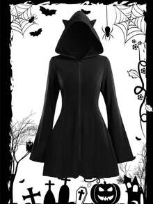 SHEIN LUNE CURVE Plus-Size Autumn And Winter Halloween Dark Series Three-Dimensional Ears Hooded Knitted Elastic Flared Long Sleeve Dress - Black - View 1