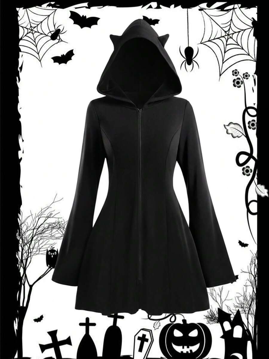 SHEIN LUNE CURVE Plus-Size Autumn And Winter Halloween Dark Series Three-Dimensional Ears Hooded Knitted Elastic Flared Long Sleeve Dress - Black - View 1