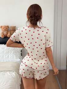 Napfluff Women's All-Over Print Short Sleeve Top And Shorts Casual Daily Home Sleepwear Set - Apricot - View 3