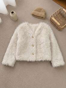 Dazy Kids V-Neck Long Sleeve Thick Fleece Jacket Coat For Tween Girls - Beige - View 5