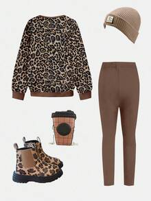 Conjunto de 2 Peças de Moletom de Manga Longa com Gola Redonda e Legging, Estampa de Leopardo Doce com Padrão de Cereja em Tom Marrom Vintage Americano, Casual para Meninas Jovens, Adequado para Outono/Inverno, Estilo Retrô de Rua, Fácil e Confortável, Camadas de Outono para Crianças, Y2K, Roupa Esportiva, Passeios, Fotografia de Rua, Campus, Forro de Fleece Relaxante - Multicolorido - Visão 3