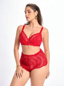 Slumbrini 1件女款大尺碼蕾絲拼接舒適鋼圈內衣 紅色 - 紅色 - 查看 6