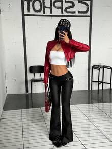 Jeanoix Y2K Women's Fashionable Flare Pants With Grommet Buckle Design - Black - View 5