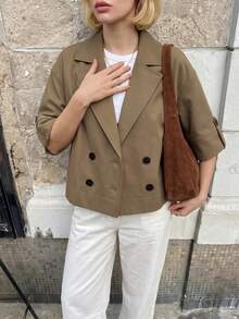 Struktiv Women's Spring/Summer Casual Khaki Double-Breasted Mid-Sleeve Short Trench Coat Jacket, Suitable For Travel, Daily Wear And Commuting - Khaki - View 3
