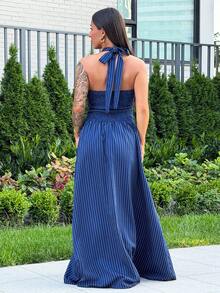 SAYEHFBABY Elegant Summer Navy Blue And White Striped Halter Neck Maxi Dress,Flowy Skirt Bodycon Waist Vacation Women's Dress For Dinner Party,Formal Wear - Blue - View 2