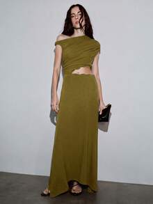 MOTF PREMIUM GAUN SATU BAHU BERLUBANG DENGAN PINGGANG YANG MENYEMPITKAN UNTUK MUSIM SEMI DAN PANAS - Olive Green - View 4