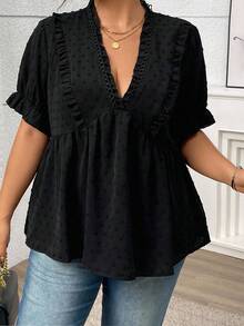 SHEIN CURVE+ 大码夏季休闲纯色荷叶边衬衫 - 黑色 - 查看 6