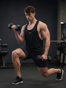 GymBeat 男友風男士字母圖案露背運動背心，健身背心組，健身房上衣，透氣輕量黑色 - 黑色 - 查看 8