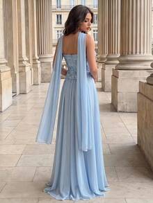 Poshira Women's Sequin Patchwork Chiffon Halter Neck Long Ribbon Cocktail Dress - Blue - View 2