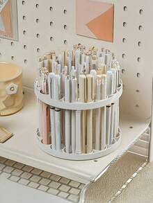 1Pc 360-Degree Rotating Pen Holder - Stylish White Plastic Storage Organizer, Suitable For Painting Brushes, Pens And Makeup Tools, Space-Saving Desktop Organizer With Glazed Finish, Cosmetic Brush Storage Rack - Makeup Brush Storage Rack - View 3
