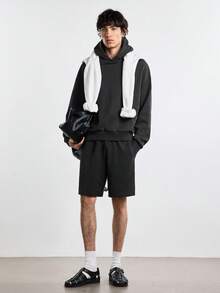 Merionis Men's Loose Casual Minimalist All-Cotton Black Short Hoodie, High-Quality Store Style - Black - View 4