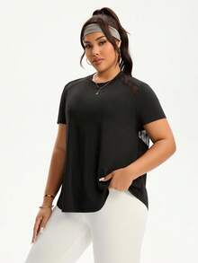 Rhythm Era Plus Size Women Sports Yoga Basic Mesh Patchwork Racerback Short Sleeve T-Shirt Open Back Shirt  Black Tops For Women - Black - View 3