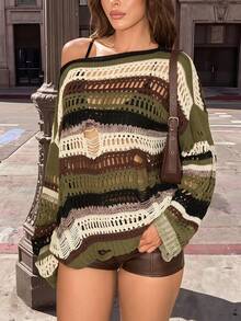SHEIN ICON Women's Olive Green Dropped Shoulder Long Sleeve Distressed Knit Sweater Everyday Going Out Holiday Autumn Grunge Streetwear - Multicolor - View 1