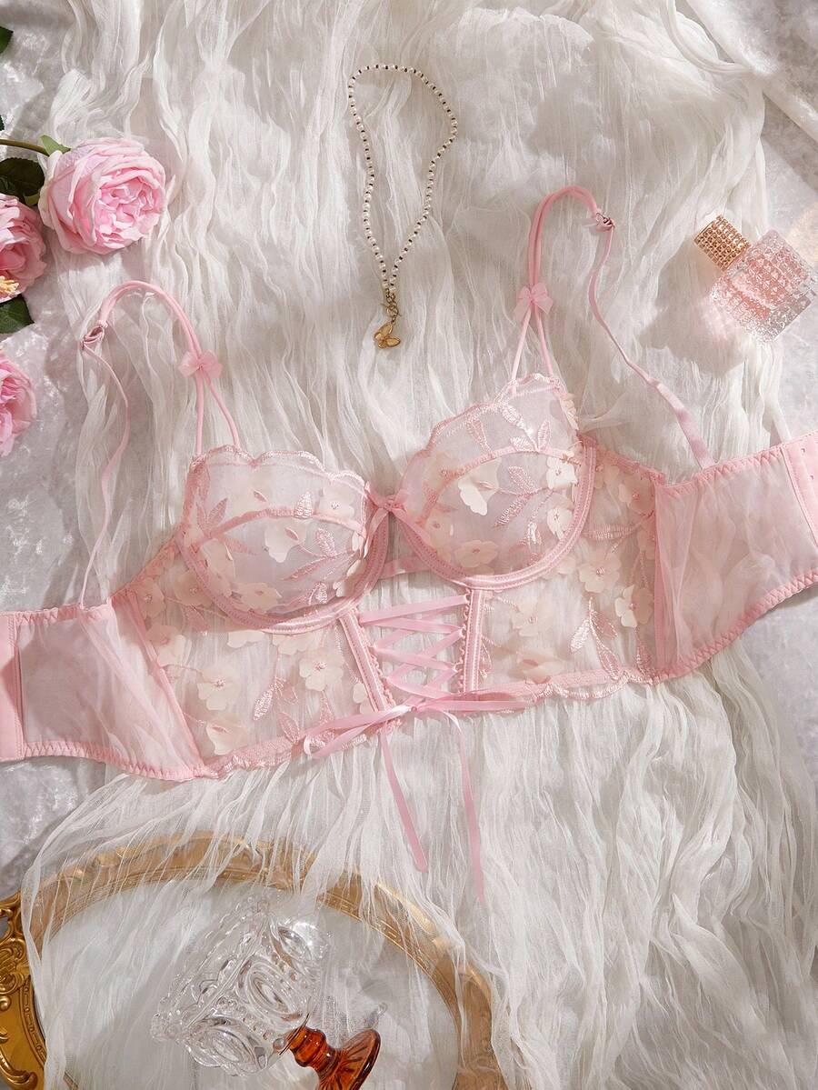 QuietHaus Romantic Embroidered Front Hollow-Out Cross Ribbon Bow Decor Lingerie Bra 1pc - Pink - View 1