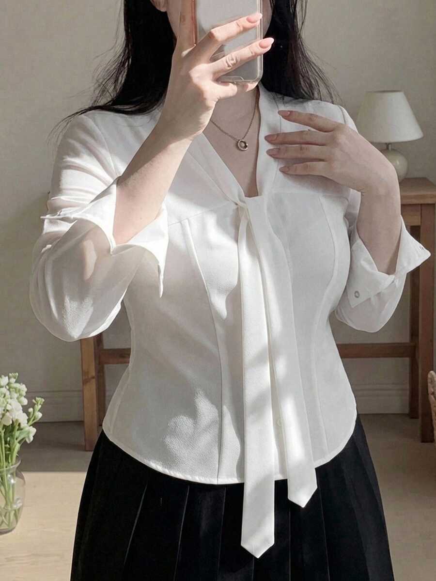 Dazy Plus Solid Color Casual Fitted Collar Short Length Fun Commuter White Long Sleeve Shirt Fall - White - View 1