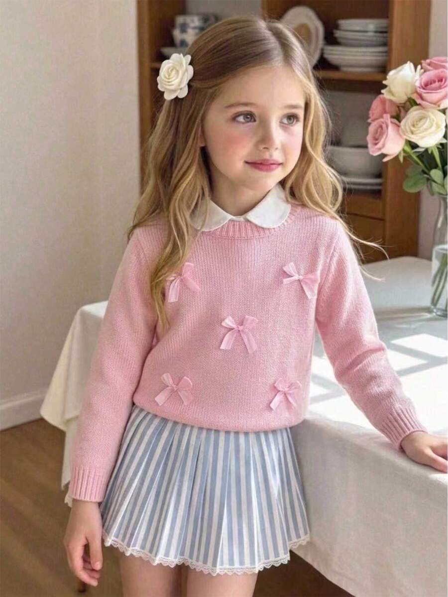 SHEIN Fashionable Versatile Cute Bow Pullover Round Neck Sweater For Girls - Pink - View 1